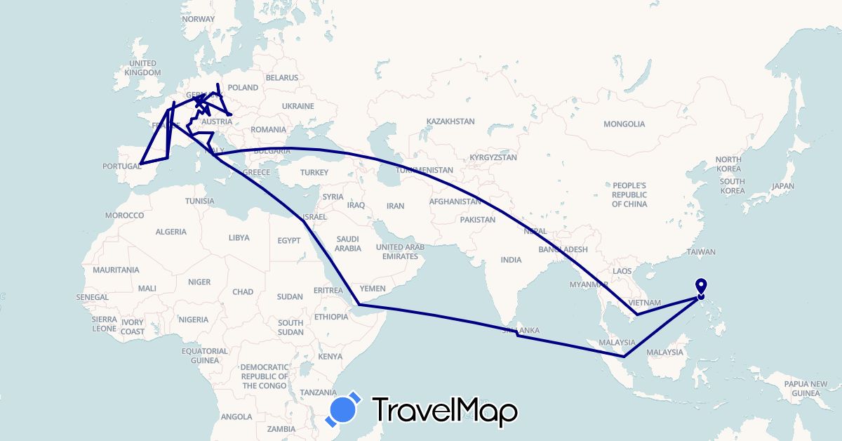 TravelMap itinerary: driving in Austria, Switzerland, Czech Republic, Germany, Egypt, Spain, France, Italy, Sri Lanka, Philippines, Singapore, Vietnam, Yemen (Africa, Asia, Europe)